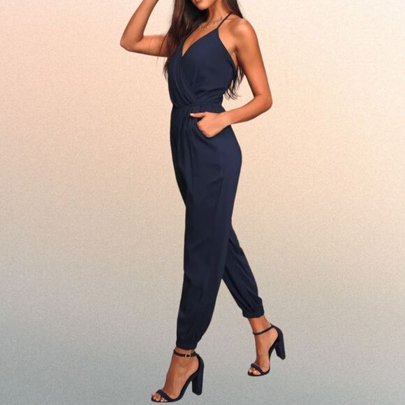 NWT LULUS Learning to Fly Navy Blue Halter Jumpsuit L - Picture 12 of 12